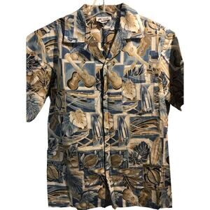 Malihini Vintage Men's L Blue Turtle Guitar Print SS Button Down Hawaiian Shirt